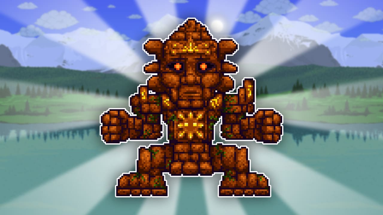 Terraria thumbnail featuring Golem, a large stone and gold pixelated boss with glowing orange eyes, set against a bright mountain landscape with light rays emanating from the center.