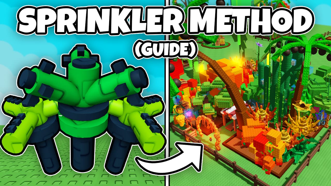 Split-screen image showing a green and black robotic sprinkler on the left with the text "Sprinkler Method (Guide)" above it, and a vibrant in-game garden scene on the right featuring blocky, colorful plants and structures, suggesting a farming or resource collection method in the roblox game Grow a garden
