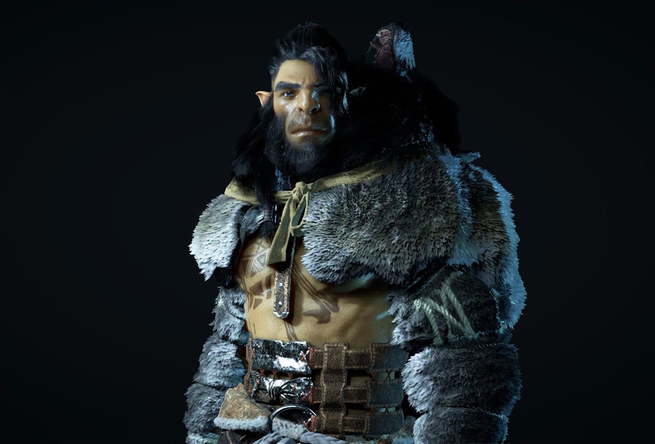 Black Desert Online Giant class character, a large orc with tribal chest tattoos wearing fur and metal armor with a small creature on his shoulder