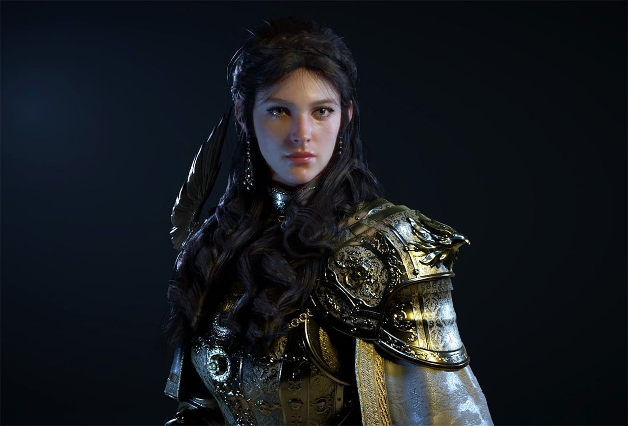 Black Desert Online female Valkyrie character in ornate gold and silver armor with intricate engravings and long dark wavy hair