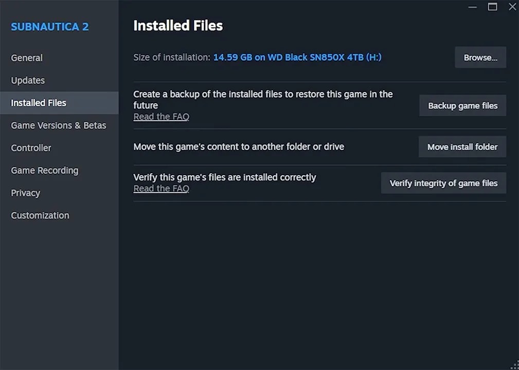 Steam Subnautica 2 Installed Files tab with the Verify integrity of game files button