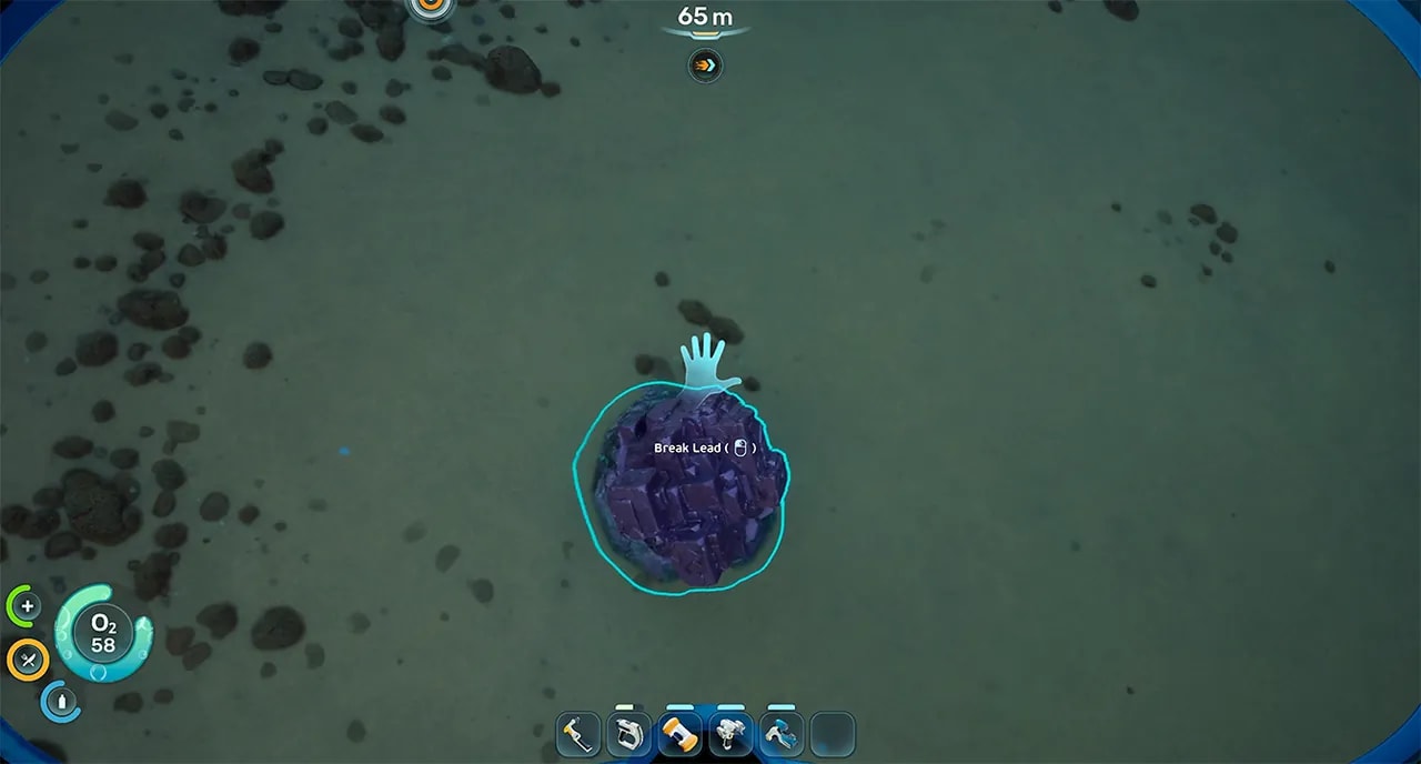 Purple Lead deposit outlined on the open seabed in Subnautica 2 with the "Break Lead" prompt at 65 meters