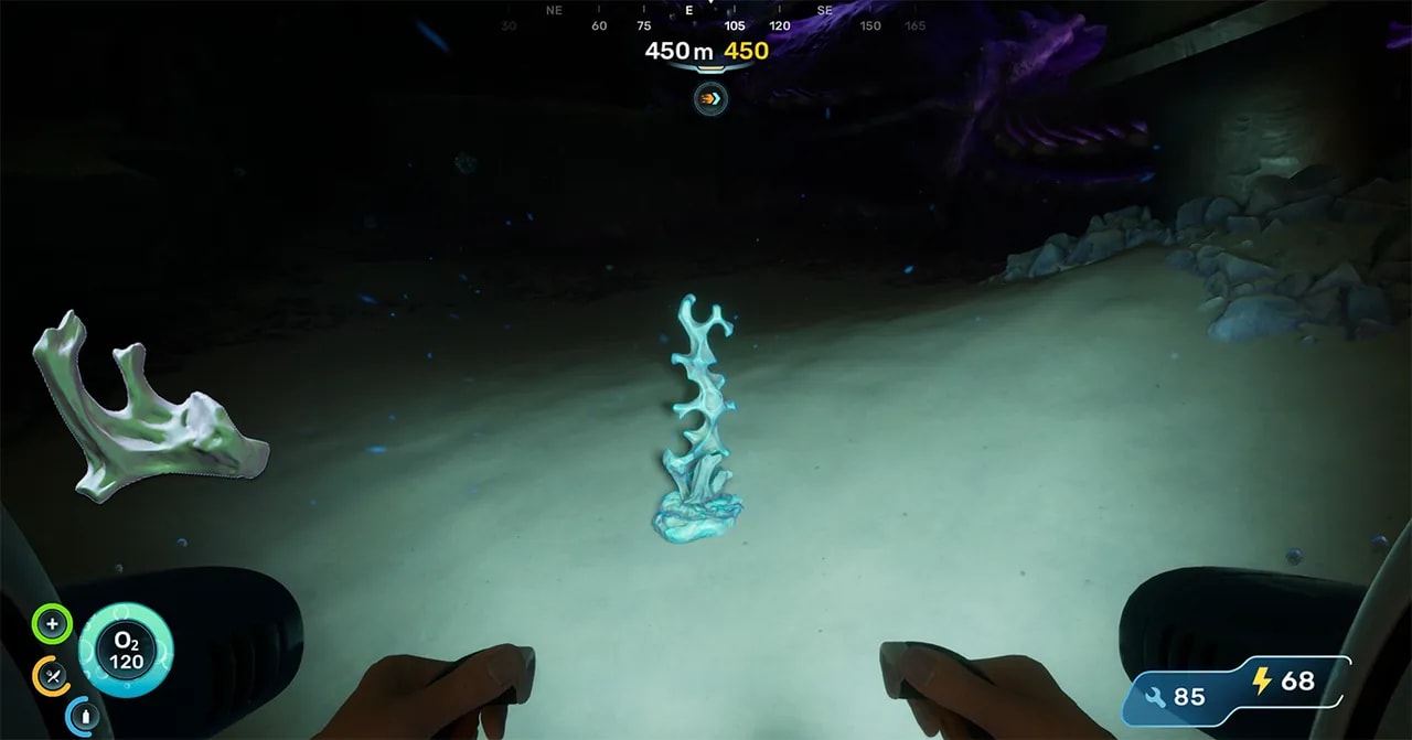 Glowing blue Conduit Crystal standing on the seafloor below the alien power plant in Subnautica 2 at 450 meters