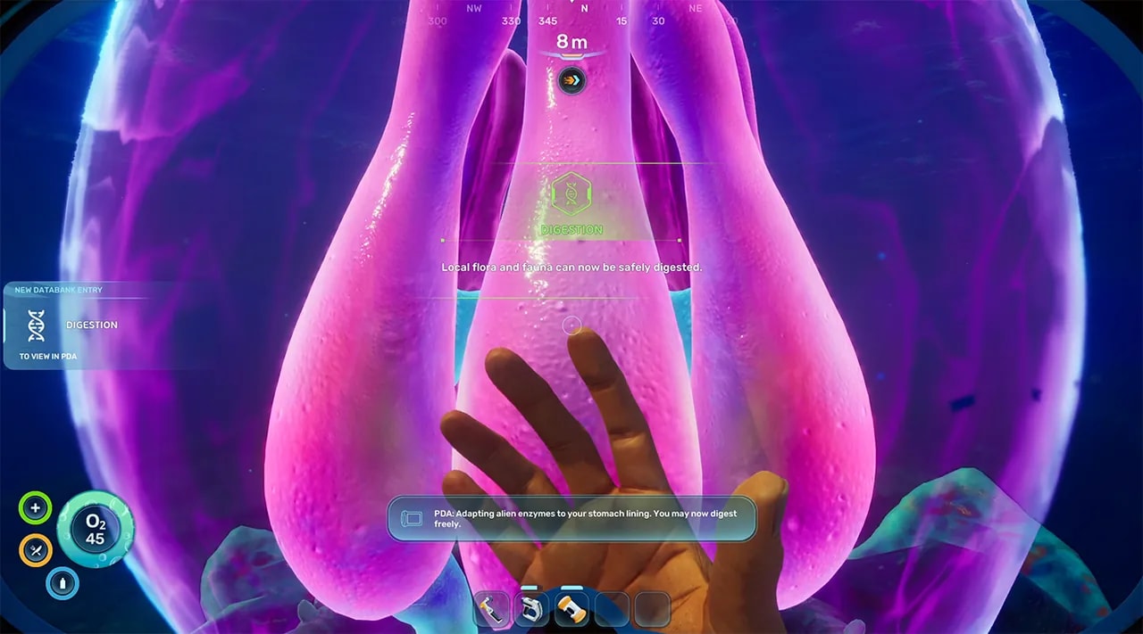 Digestion adaptation unlock screen in Subnautica 2 showing the message that local flora and fauna can now be safely digested