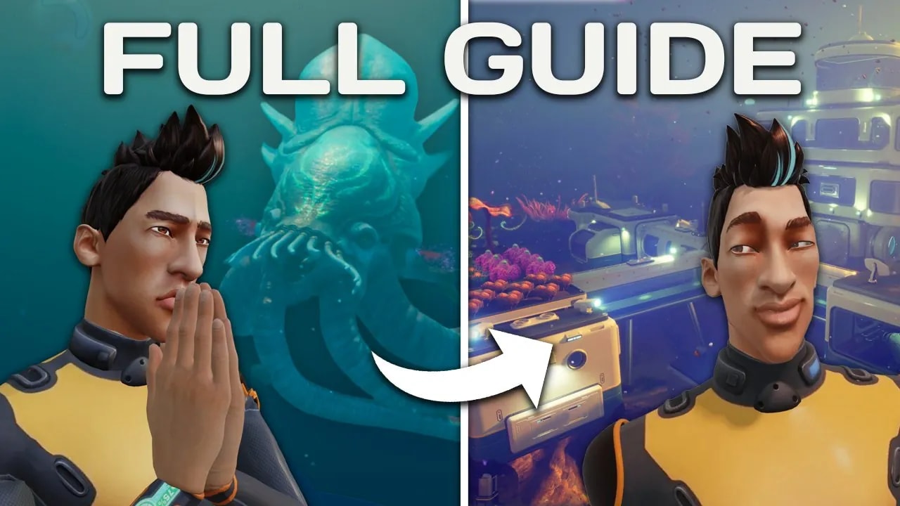 Subnautica 2 'FULL GUIDE' video thumbnail with a nervous diver facing a leviathan beside a confident diver inside a built-up base