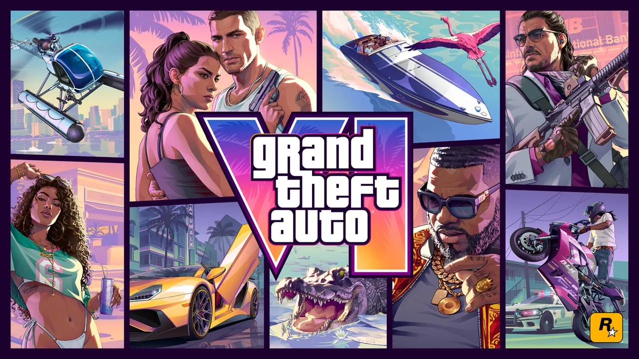 GTA 6 official cover art showing Jason and Lucia above the Grand Theft Auto VI logo in Rockstar's purple and orange pop-art style