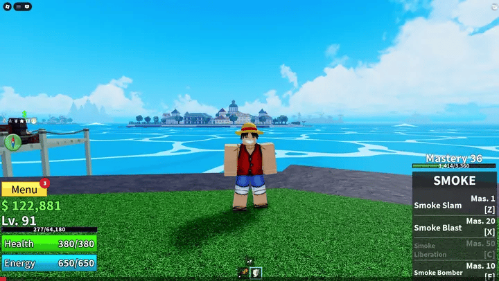 A webp animation showing the process of redeeming Blox Fruits code in Roblox. The screen features a Luffy-like character in a grassy area with windmills, displaying game HUD elements like health, energy, currency, and a Safe Zone PvP disabled message.